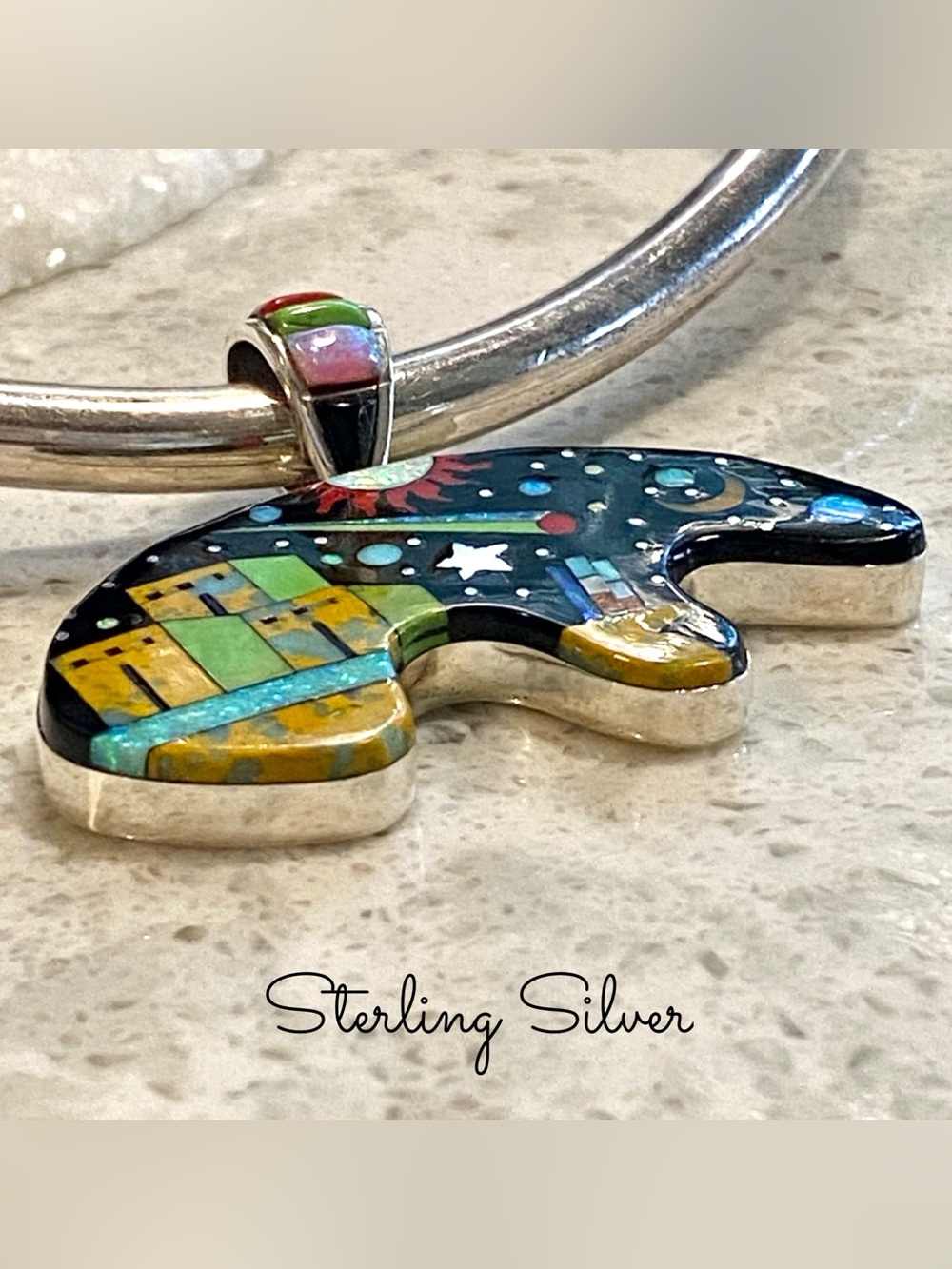 Sterling Silver - Inlay bear pendant w/ pueblo and night sky design - Picture 11 of 13